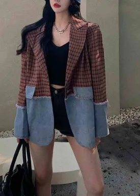 Italian Notched Plaid Patchwork Coat Long Sleeve ML2193