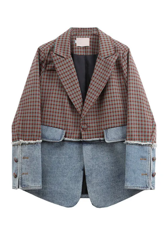 Italian Notched Plaid Patchwork Coat Long Sleeve ML2193
