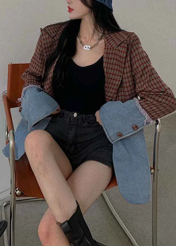 Italian Notched Plaid Patchwork Coat Long Sleeve ML2193