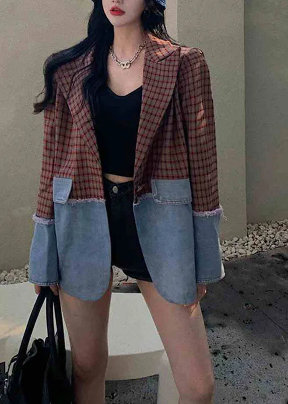 Italian Notched Plaid Patchwork Coat Long Sleeve ML2193