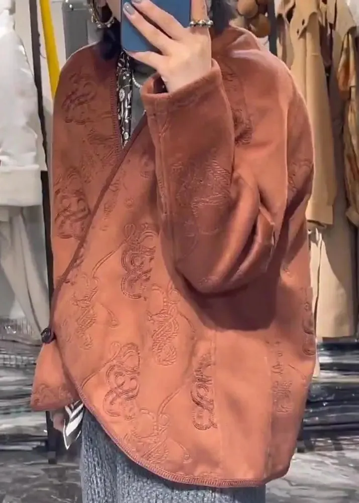 Jacquard Coffee Asymmetrical Button  Cotton Coat Fall ML3226