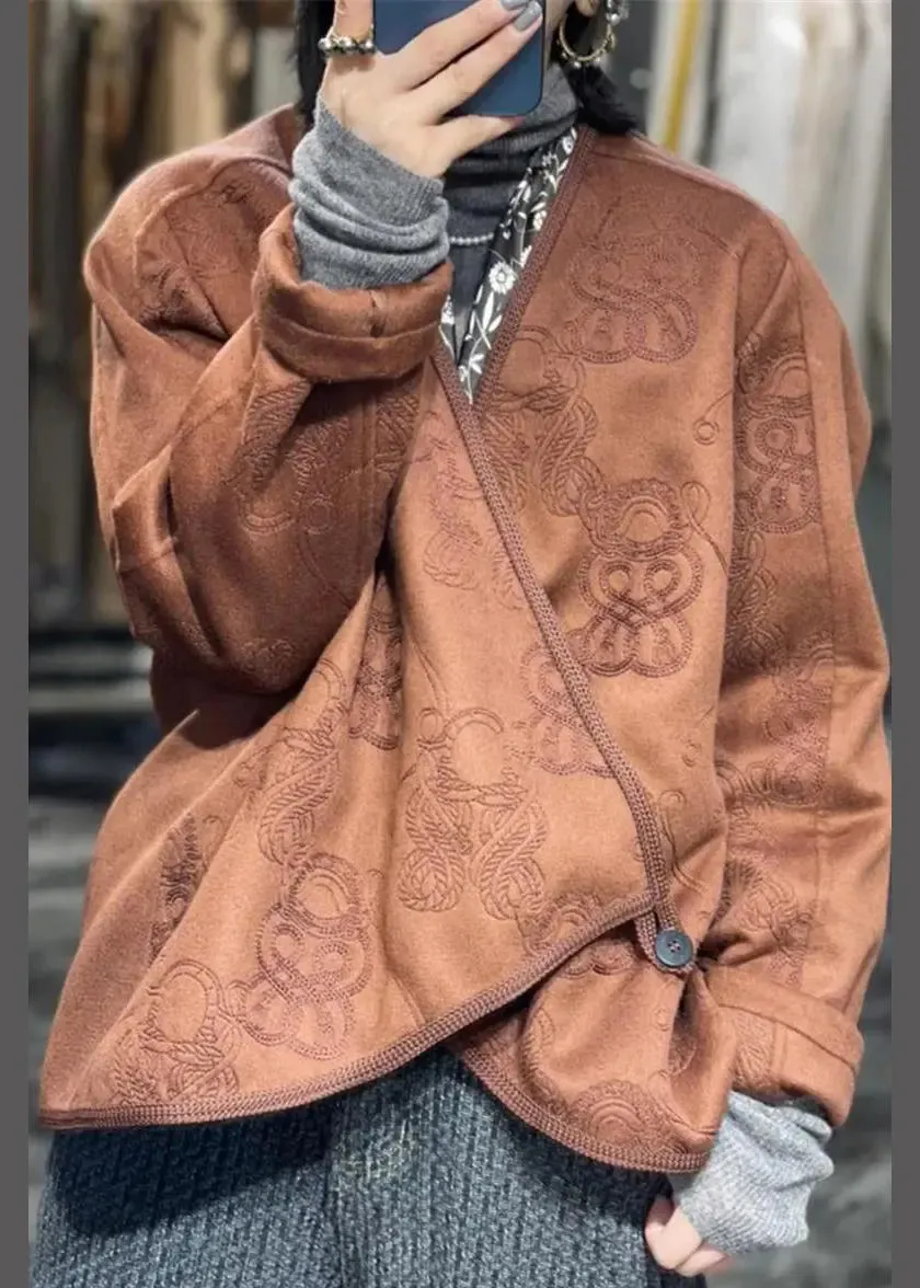 Jacquard Coffee Asymmetrical Button  Cotton Coat Fall ML3226
