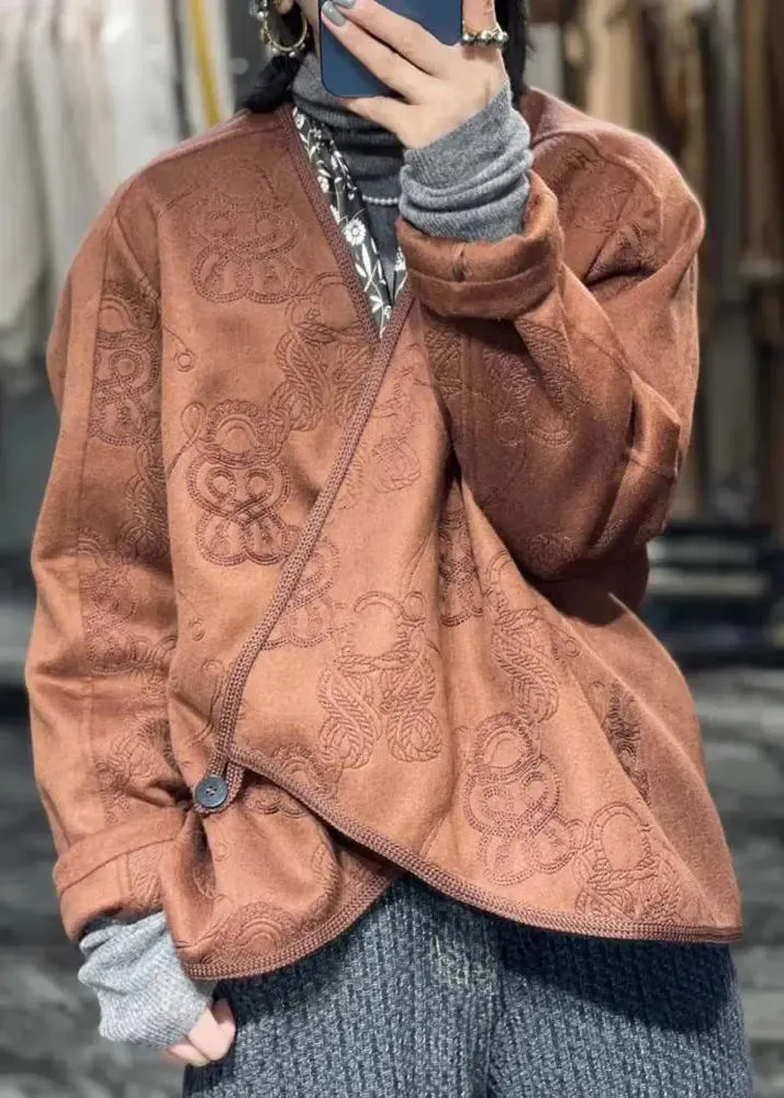 Jacquard Coffee Asymmetrical Button  Cotton Coat Fall ML3226