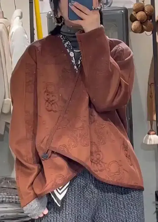 Jacquard Coffee Asymmetrical Button  Cotton Coat Fall ML3226