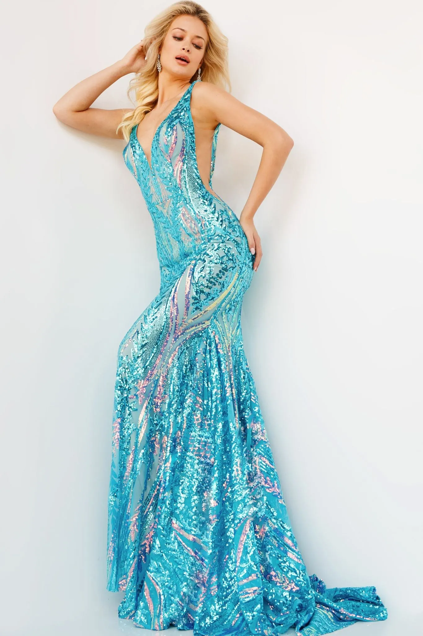 Jovani 22770 Long Fitted Iridescent Mermaid Prom Dress V Neck Sheer Sequin Pageant Gown