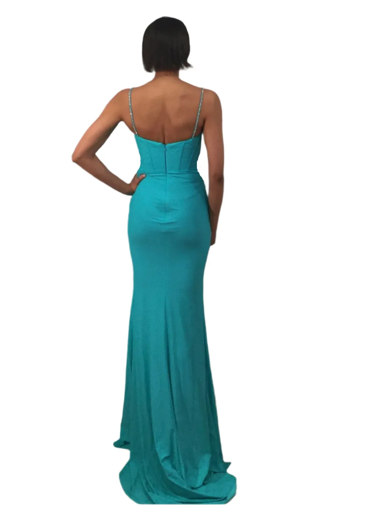Jovani D5020 Size 2 Turquoise Long Fitted Formal Dress Plunging Neckline Slit Jersey Prom Gown Pageant Formal