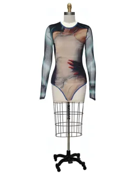 Jungle Red- the Sheer Body Art Print Leotard with Hand Jungle Red- the Sheer Body Art Print Leotard with Hand
