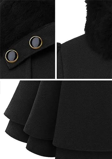 KELYWELL Womens Lapel Faux Fur Collar Jacket Double Breasted Wool Blend Trench Coat Long Trench Swing Coat with Belt