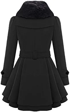 KELYWELL Womens Lapel Faux Fur Collar Jacket Double Breasted Wool Blend Trench Coat Long Trench Swing Coat with Belt
