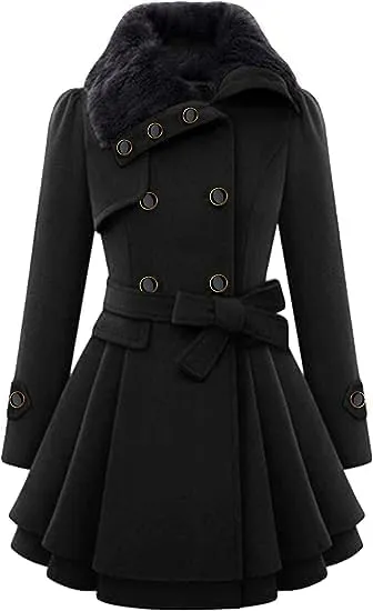 KELYWELL Womens Lapel Faux Fur Collar Jacket Double Breasted Wool Blend Trench Coat Long Trench Swing Coat with Belt