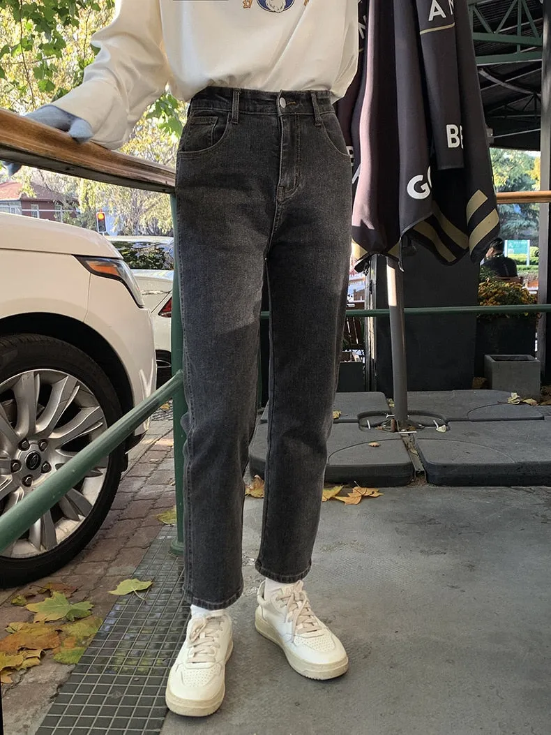 [Korean Style] High Waist Washed Cropped Straight Jeans