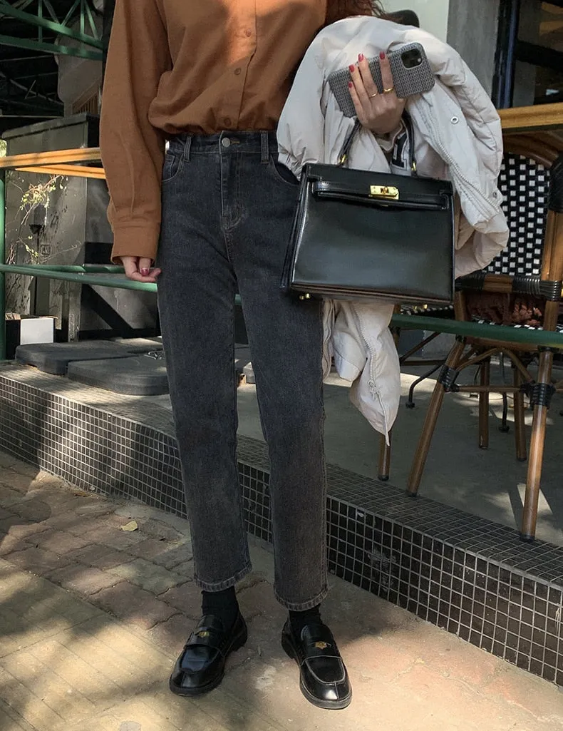 [Korean Style] High Waist Washed Cropped Straight Jeans