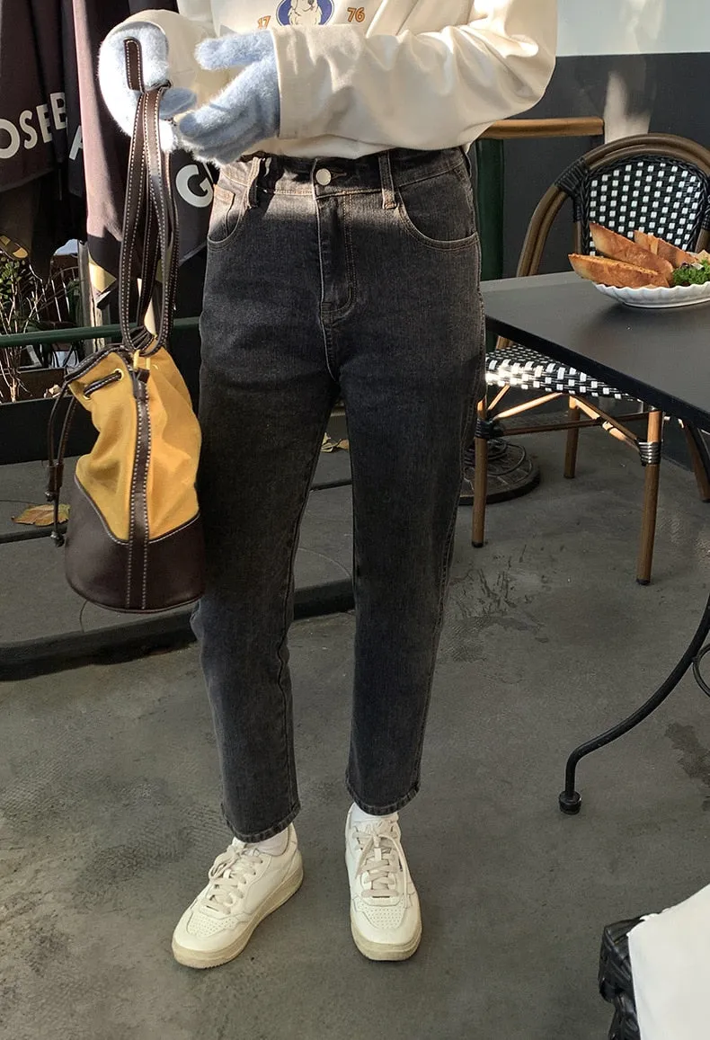[Korean Style] High Waist Washed Cropped Straight Jeans
