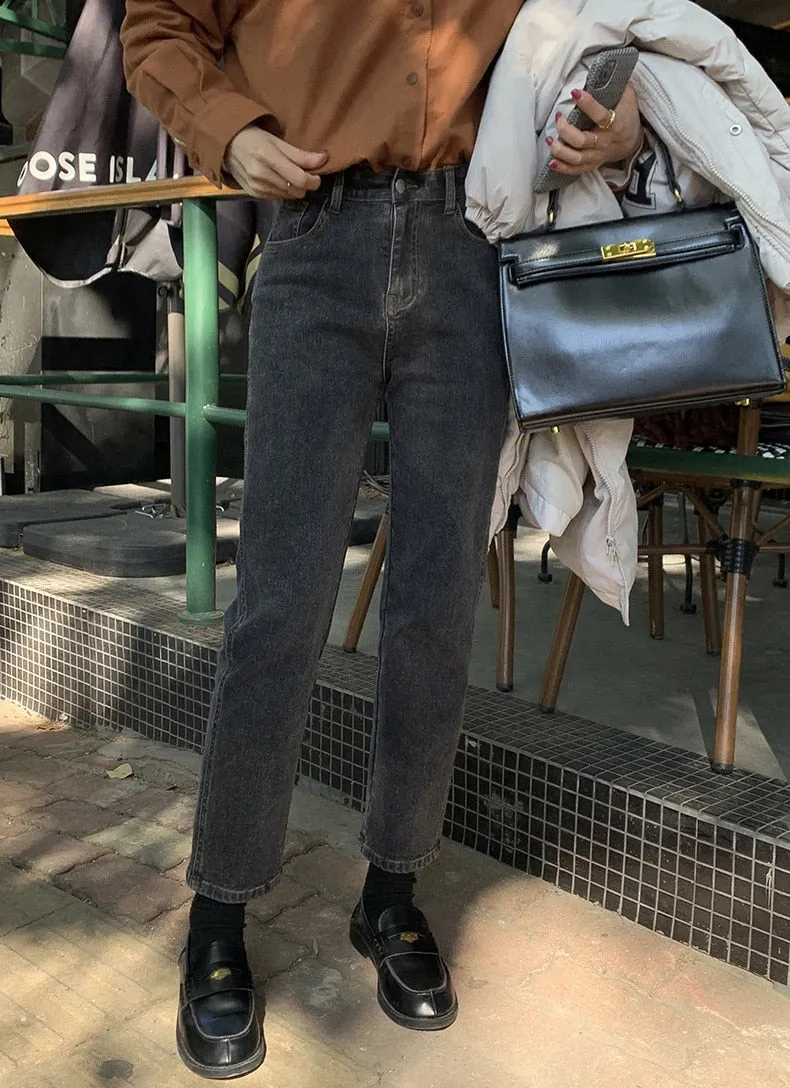 [Korean Style] High Waist Washed Cropped Straight Jeans