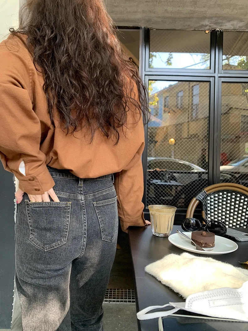 [Korean Style] High Waist Washed Cropped Straight Jeans