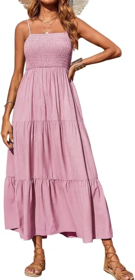 Kubbon Women's Summer Maxi Dress Boho Spaghetti Strap Square Neck Flowy Dresses Casual Sleeveless Smocked Tiered Sundress