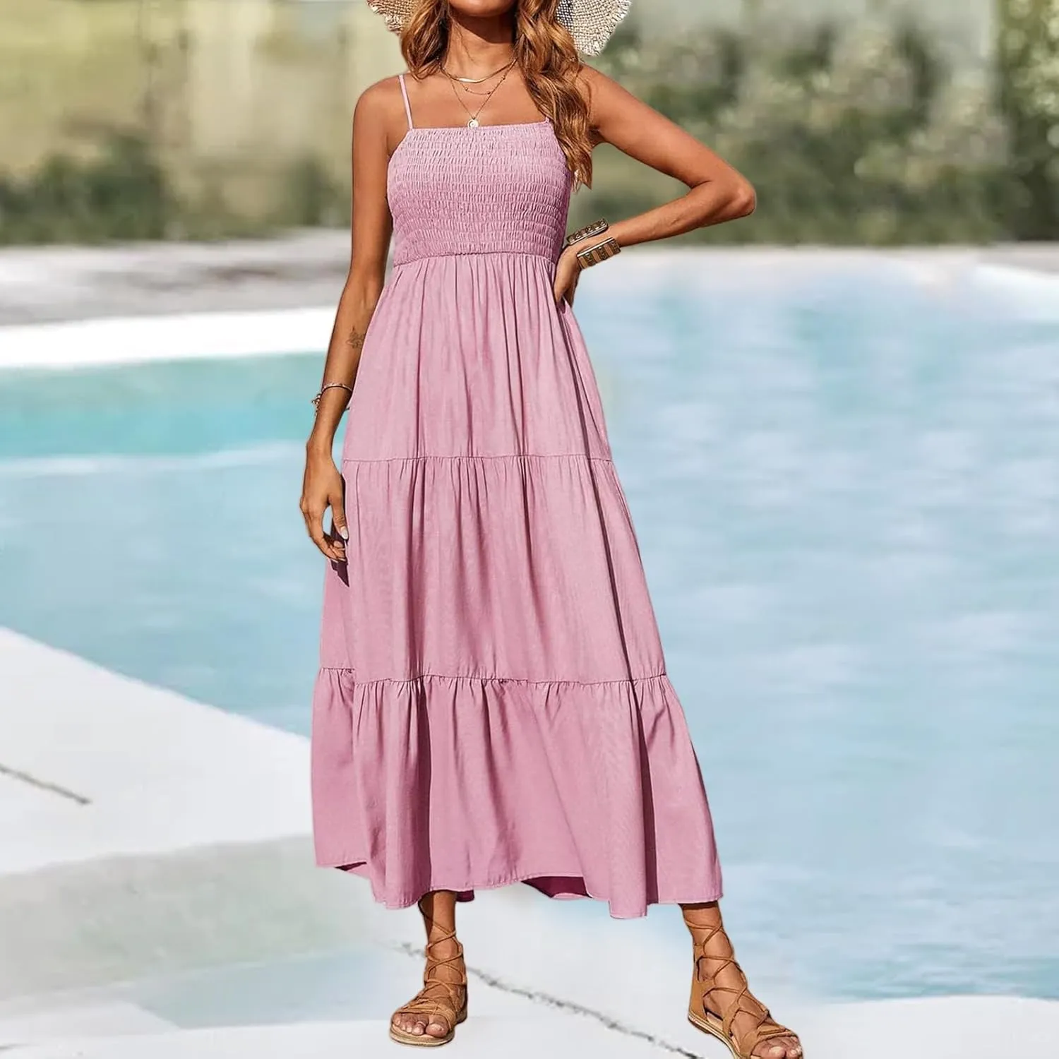 Kubbon Women's Summer Maxi Dress Boho Spaghetti Strap Square Neck Flowy Dresses Casual Sleeveless Smocked Tiered Sundress