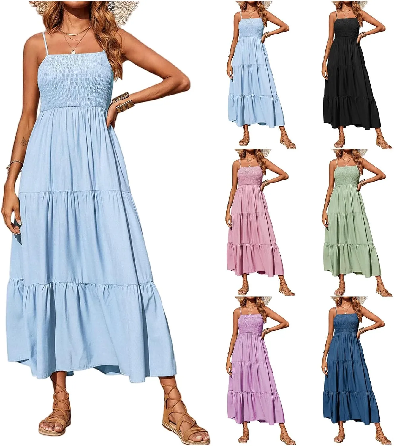 Kubbon Women's Summer Maxi Dress Boho Spaghetti Strap Square Neck Flowy Dresses Casual Sleeveless Smocked Tiered Sundress