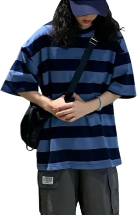 LAVASEON Harajuku Oversized Striped T-Shirt Long Sleeve Crew Neck Casual Matching Couple Streetwear Pullover