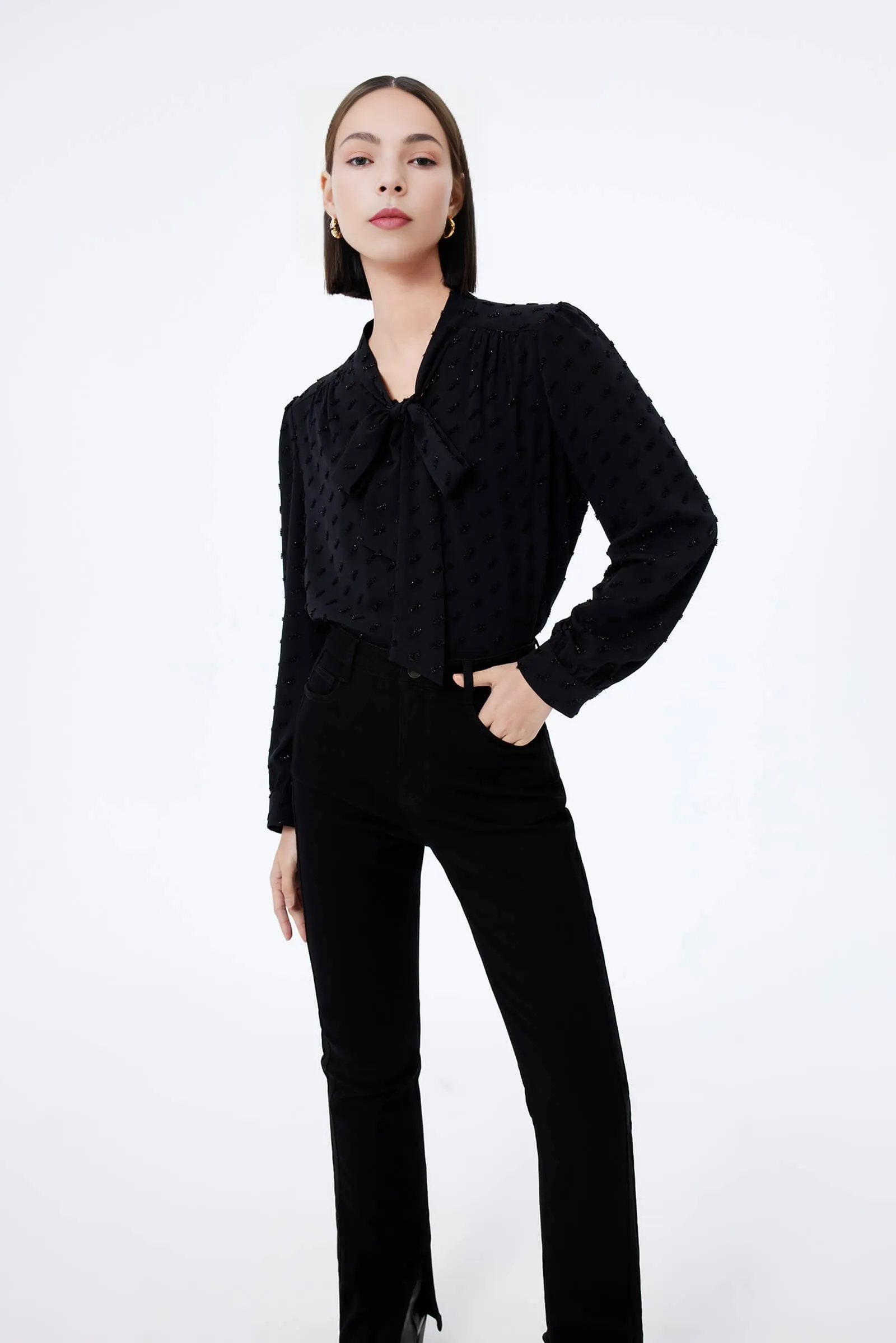 LILY Textured Draped Tie Shirt