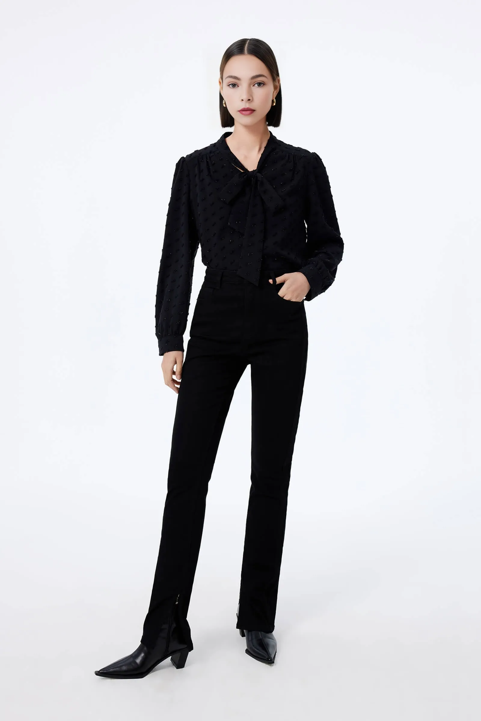 LILY Textured Draped Tie Shirt