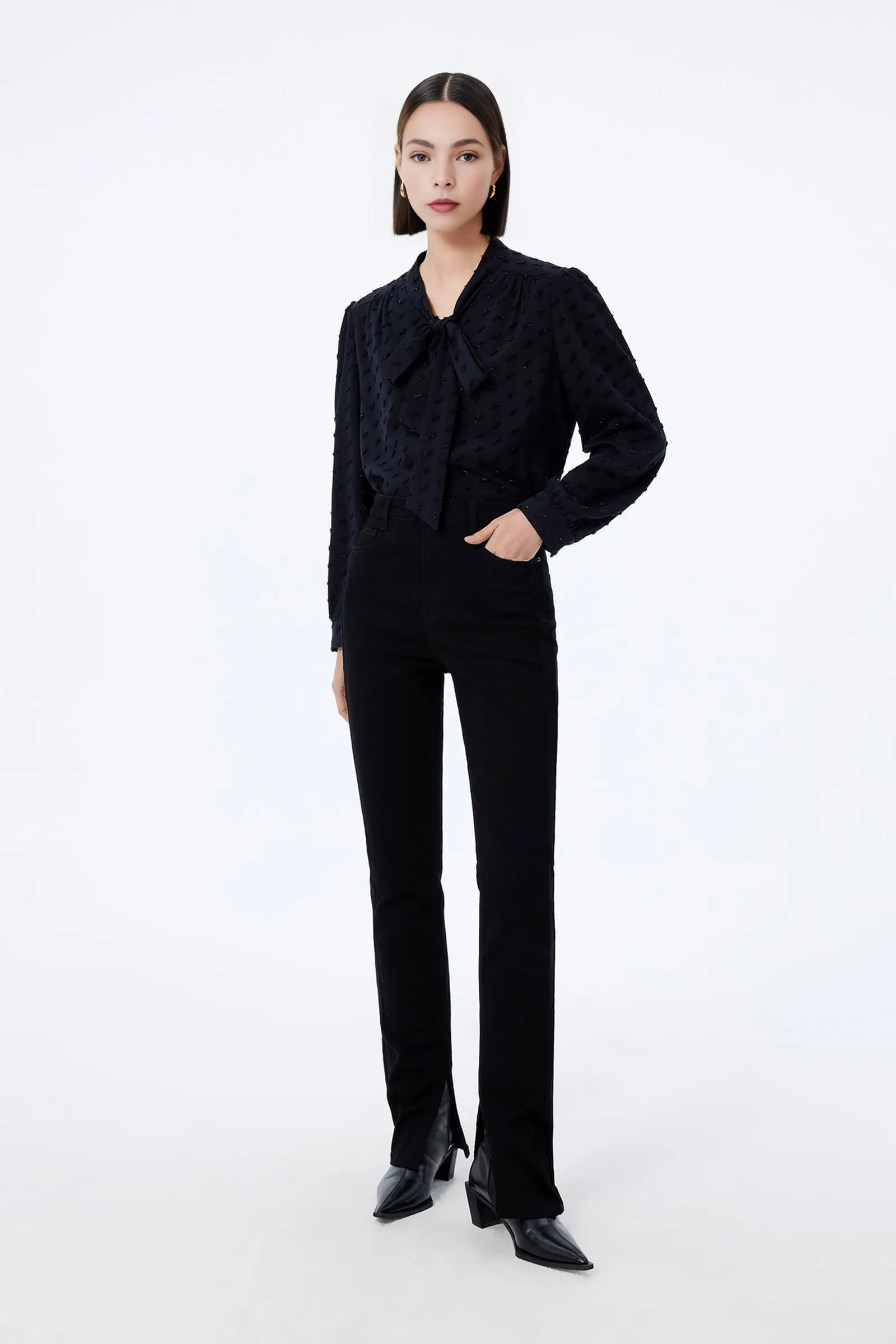 LILY Textured Draped Tie Shirt