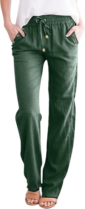 Linen Pants Women Straight Leg Lightweight Elastic Waist Pants Summer Relaxed Fit Plus Size Loose Trousers