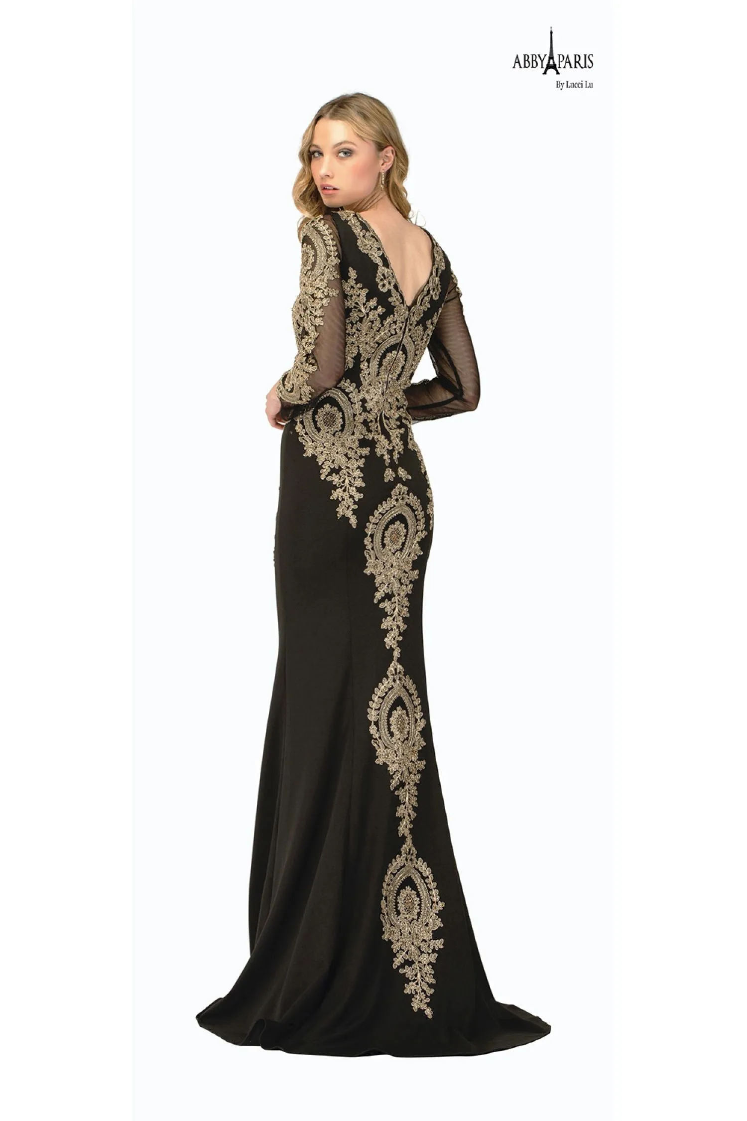 Lucci Lu 90037 Burgundy Gold Long Sleeve V-Neck Embroidered Fitted Dress - Size 30