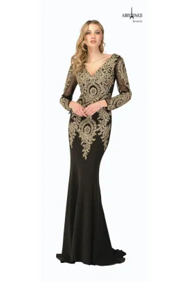 Lucci Lu 90037 Burgundy Gold Long Sleeve V-Neck Embroidered Fitted Dress - Size 30