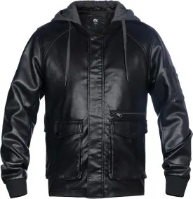 Mens Faux Leather Jacket, Padded Windbreaker, Motorcycle Biker Bomber Coat with Hood