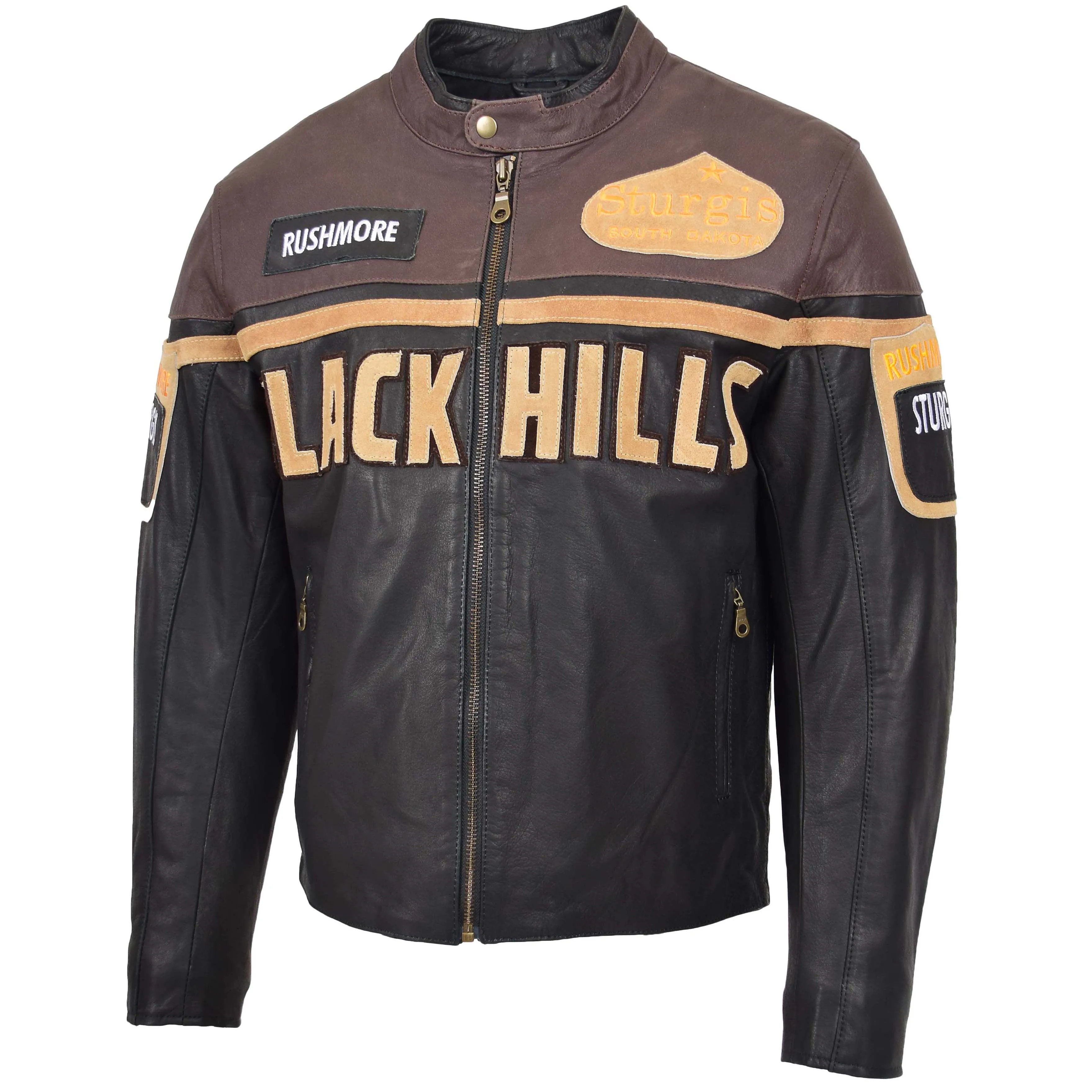 Mens Leather Racing Badges Jacket 'Black Hills' Brown