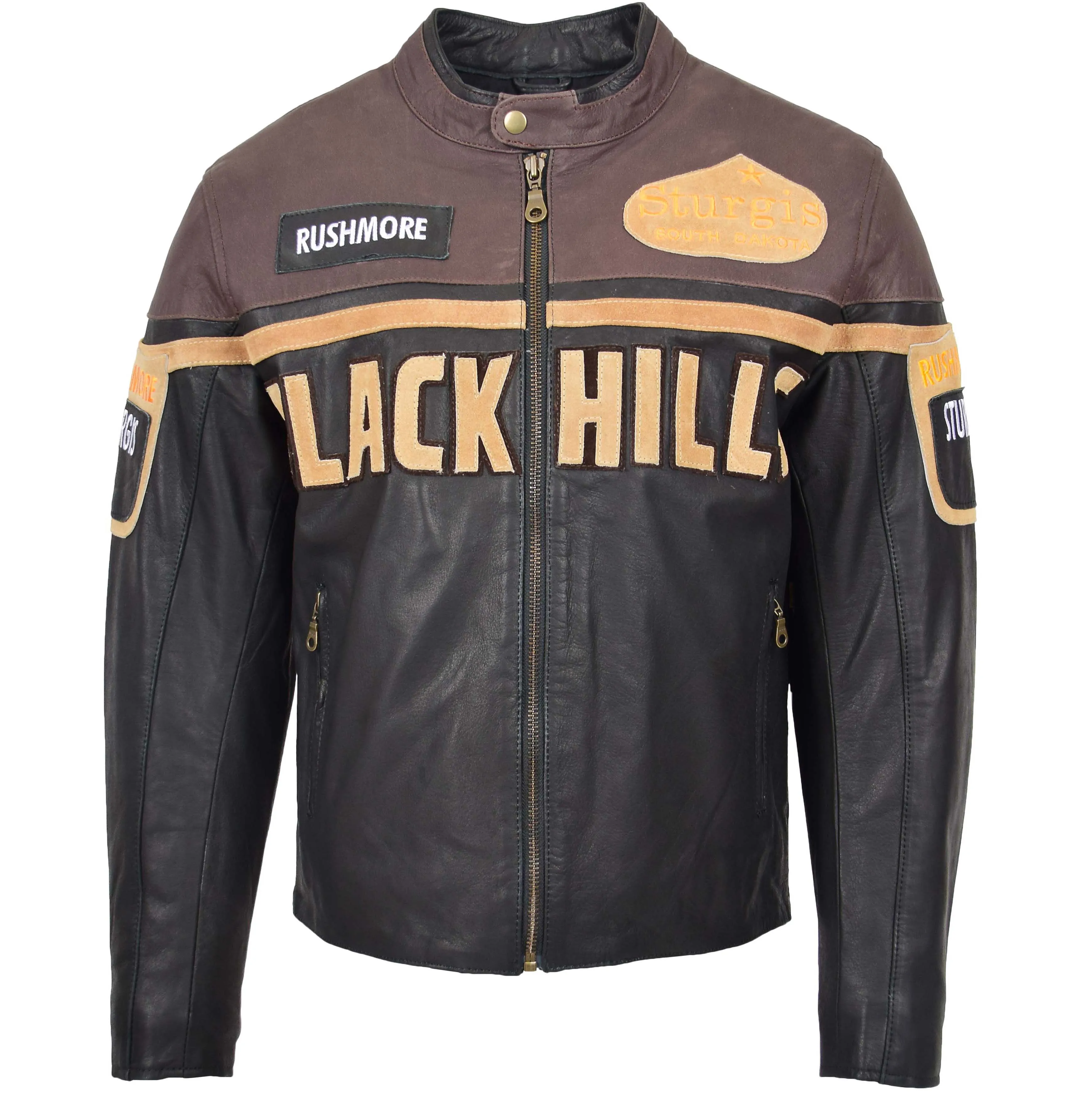 Mens Leather Racing Badges Jacket 'Black Hills' Brown