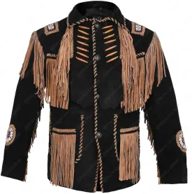 Mens Traditional Buckskin Cowboy Suede Leather Jacket Western Fringe/Beads Native American