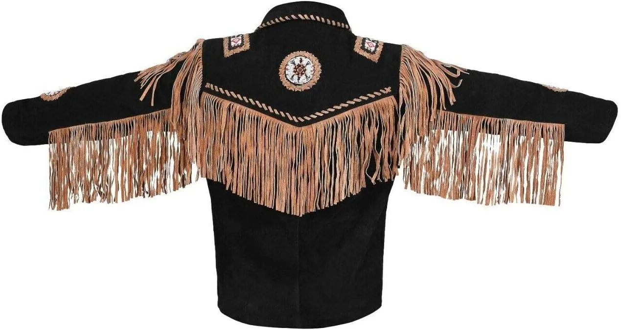 Mens Traditional Buckskin Cowboy Suede Leather Jacket Western Fringe/Beads Native American