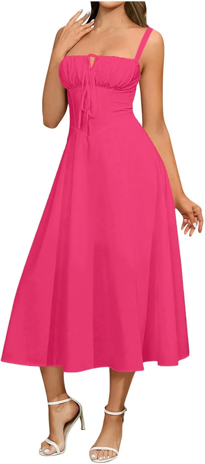 Midi Corset Dress for Women Boho Flowy Slit Lace Up Midi Dresses Going Out A Line Cocktail Party Casual Sundress