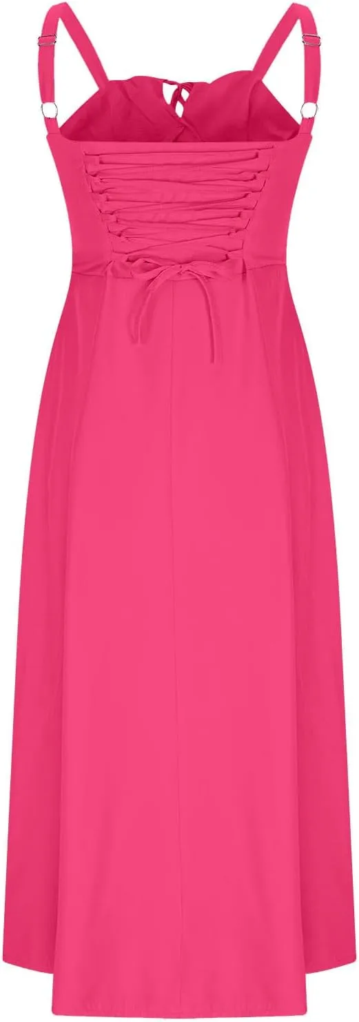Midi Corset Dress for Women Boho Flowy Slit Lace Up Midi Dresses Going Out A Line Cocktail Party Casual Sundress