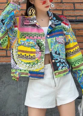 Modern Peter Pan Collar Print Patchwork Denim Coat Long Sleeve LY6034