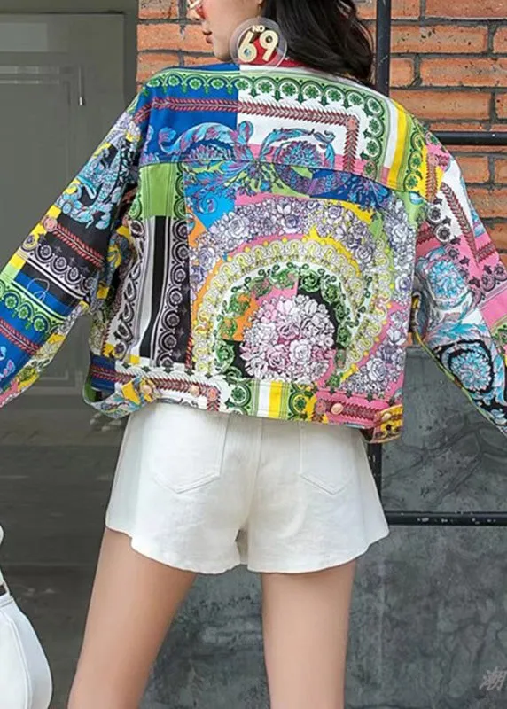Modern Peter Pan Collar Print Patchwork Denim Coat Long Sleeve LY6034