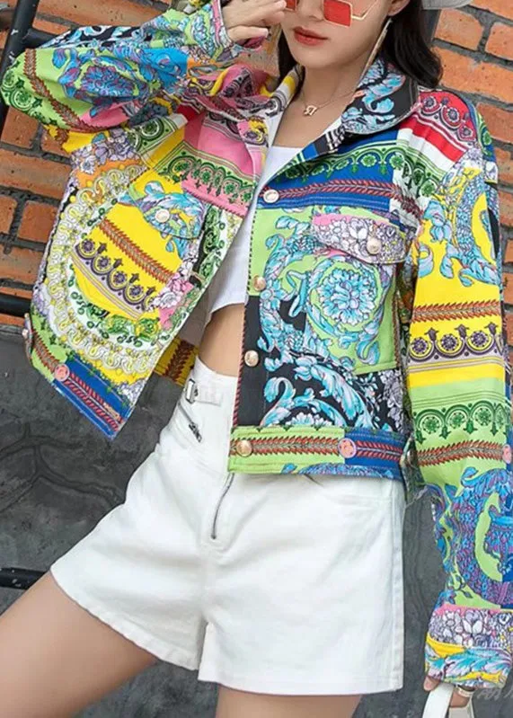 Modern Peter Pan Collar Print Patchwork Denim Coat Long Sleeve LY6034