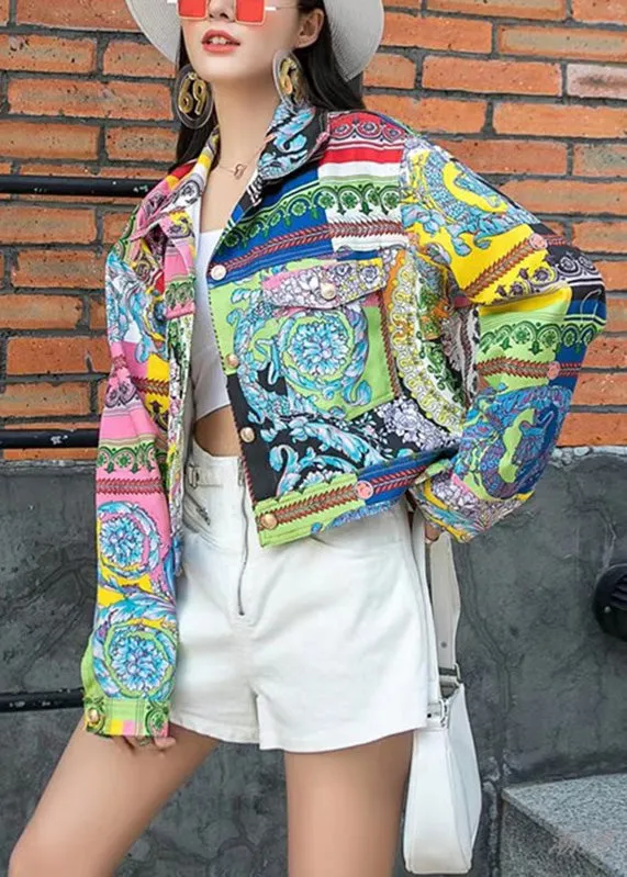 Modern Peter Pan Collar Print Patchwork Denim Coat Long Sleeve LY6034