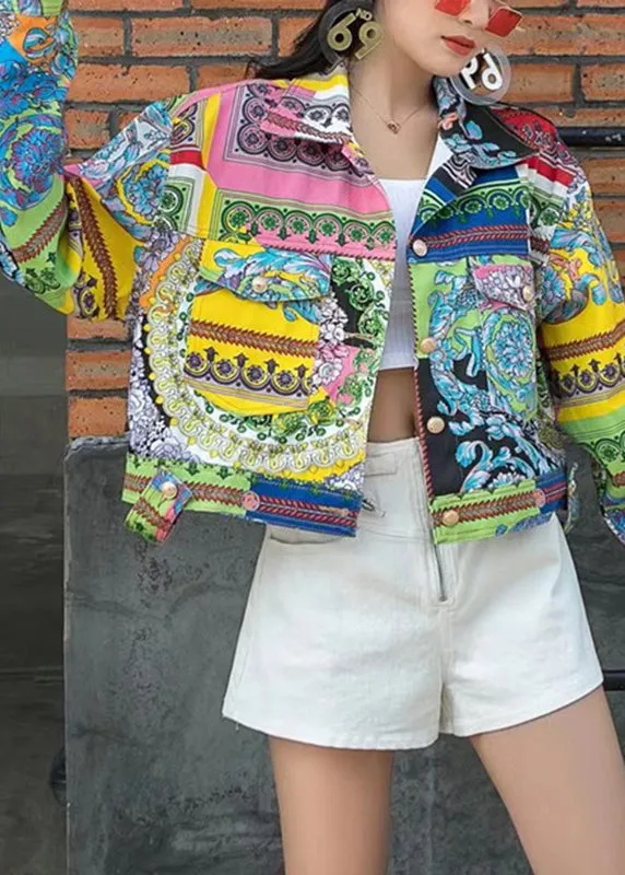 Modern Peter Pan Collar Print Patchwork Denim Coat Long Sleeve LY6034