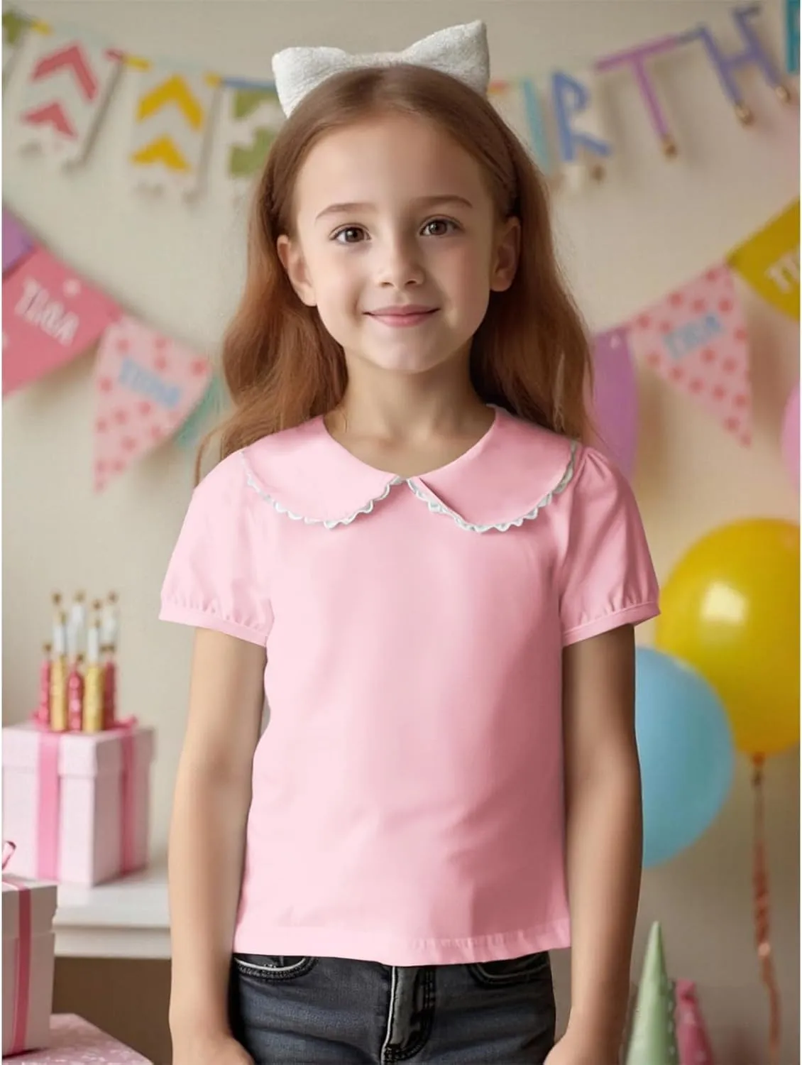 MODNTOGA Kids Baby Girl Long Sleeve Collar Shirt Toddler White Blouse Puff Short Sleeve T-Shirt Solid Color Basic Top Bottom