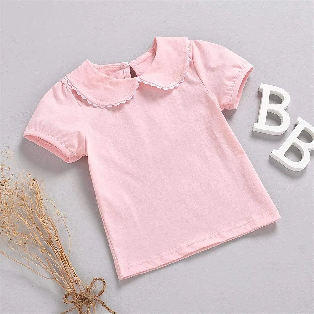 MODNTOGA Kids Baby Girl Long Sleeve Collar Shirt Toddler White Blouse Puff Short Sleeve T-Shirt Solid Color Basic Top Bottom