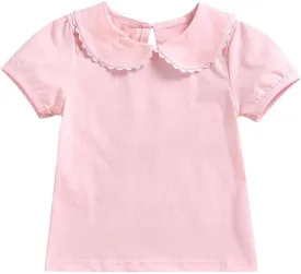 MODNTOGA Kids Baby Girl Long Sleeve Collar Shirt Toddler White Blouse Puff Short Sleeve T-Shirt Solid Color Basic Top Bottom