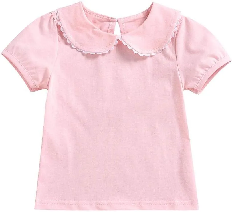MODNTOGA Kids Baby Girl Long Sleeve Collar Shirt Toddler White Blouse Puff Short Sleeve T-Shirt Solid Color Basic Top Bottom