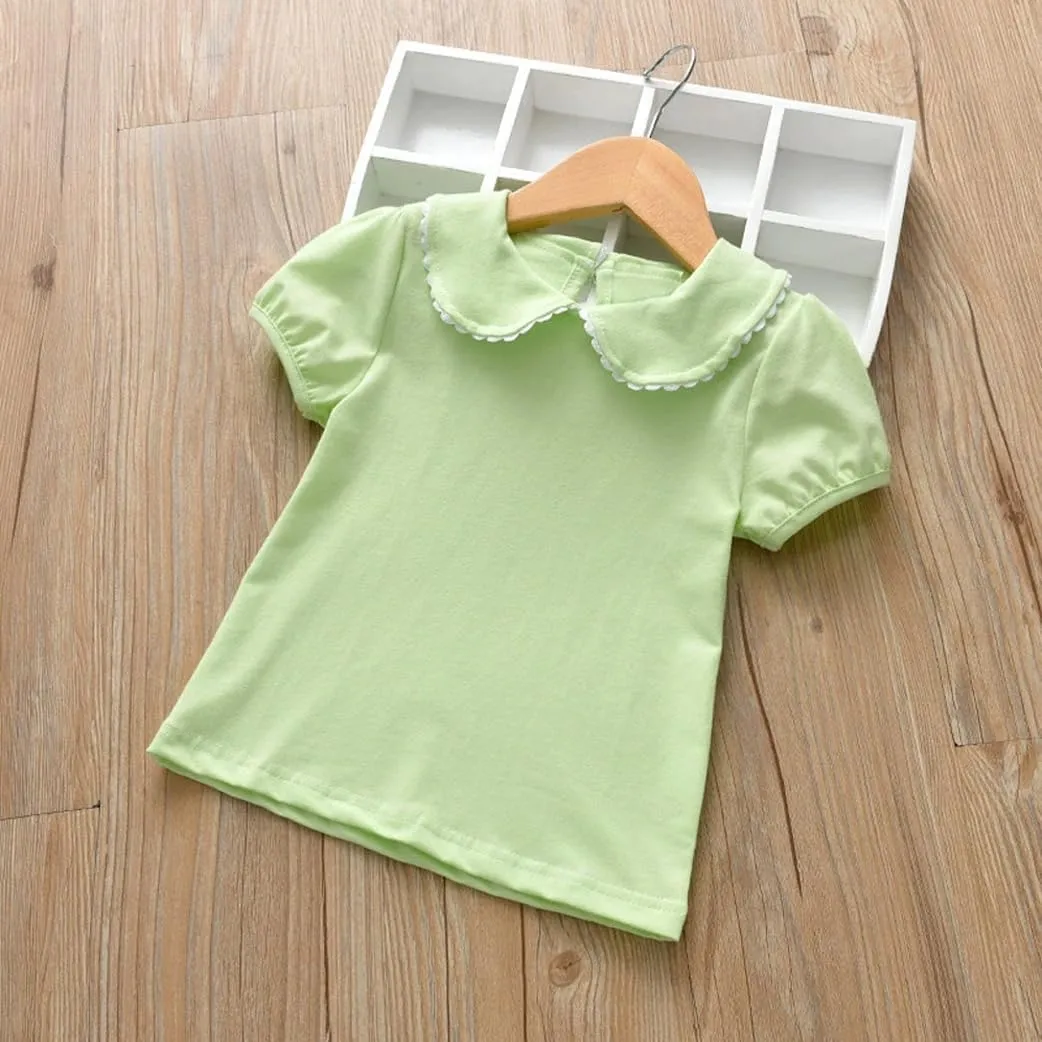 MODNTOGA Kids Baby Girl Long Sleeve Collar Shirt Toddler White Blouse Puff Short Sleeve T-Shirt Solid Color Basic Top Bottom