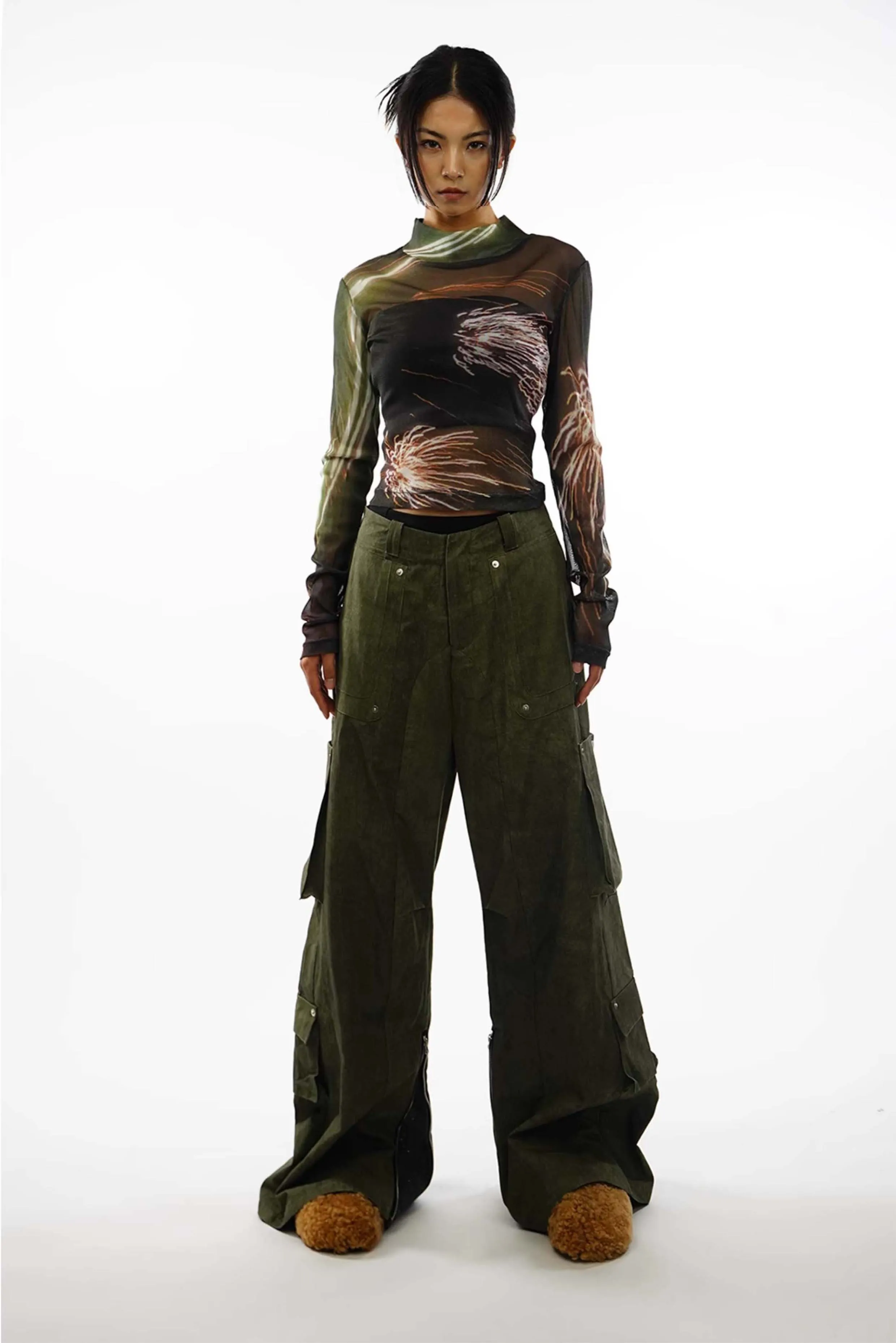 Multi-pocket casual wide pants