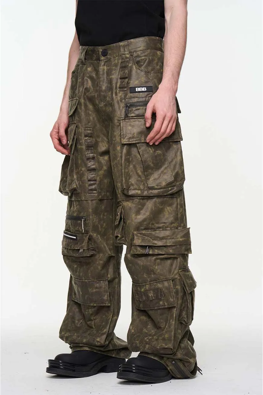 Multi-pocket embroidered straight pants