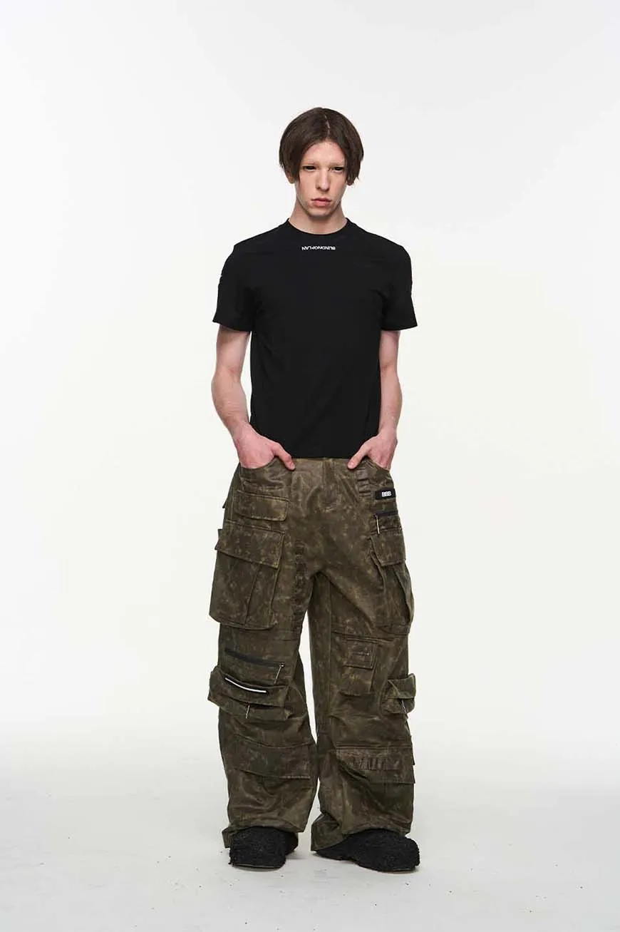 Multi-pocket embroidered straight pants