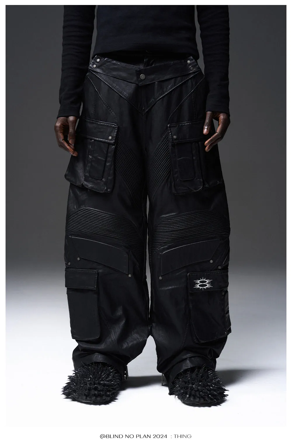 Multi-pocket leather pants